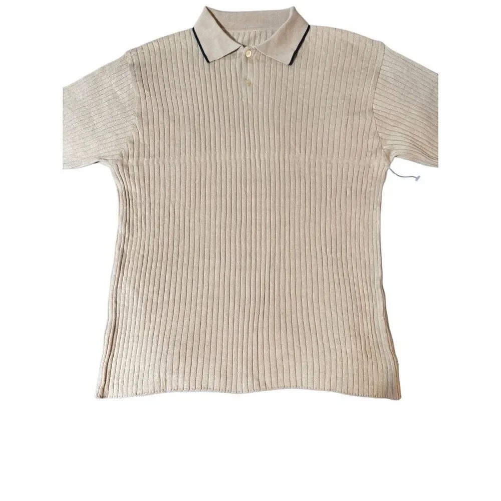 Beige rib knitted short sleeve polo shirt M